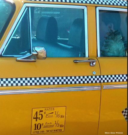 Close up of the vintage Checker cab and its passenger. Note the rates of 10 cents per two minutes - time not in motion.