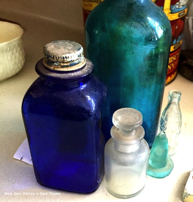 Cobalt blue, old bottles, Coca Cola miniature.