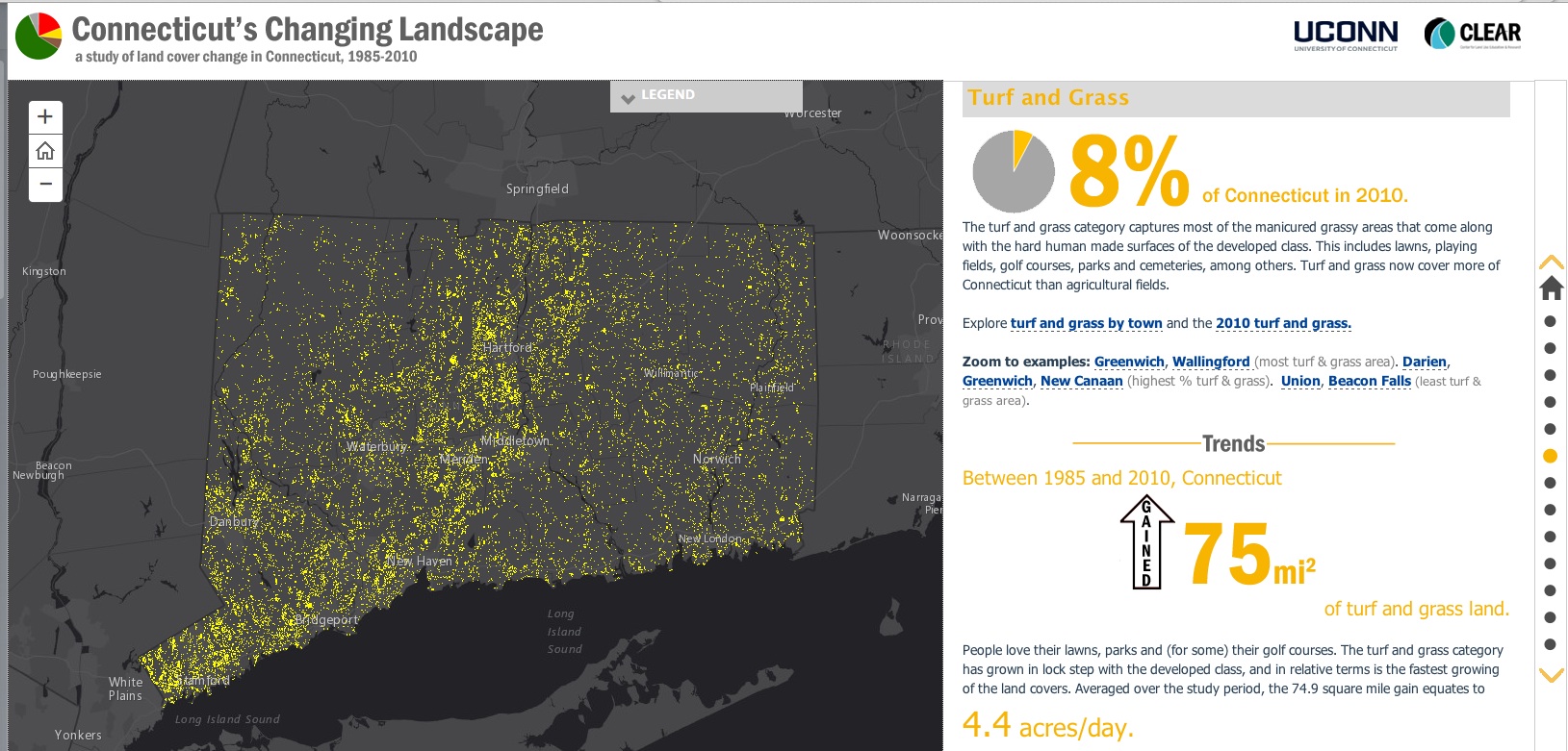 One page of Connecticut's Changing Landscape, linked to this award-winning resource that makes an incredible amount of data understandable with visual information.
