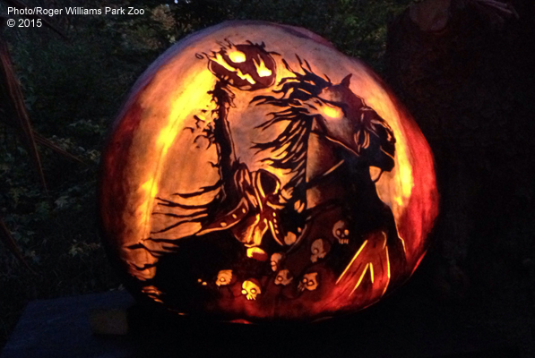 Carved artistry at Roger Williams Park Zoo - the Headless Horseman rides again, part of the People's Choice awards. Image Roger Williams Park Zoo, connected to weekend admission - online tickets only - information.