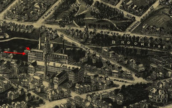 Aero view of Meriden, Connecticut, 1918. The arrows indicate the Wilcox woolen mill that sported a tower and other flourishes. The map includes an index to merchants and industry.  Map from the archives of the Library of Congress.