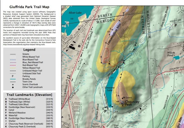 The Meriden Land Trust topographical map shows the elevation of the peak and other features. Image is linked to the land trust page for complete trail maps and information