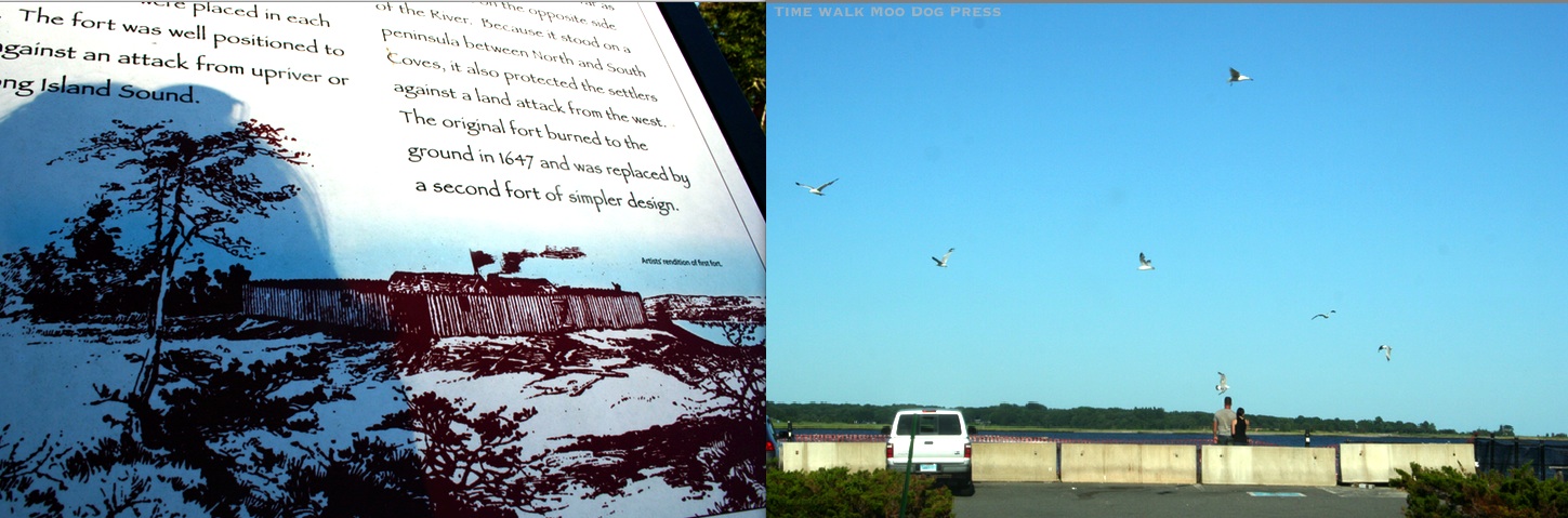 Then and Now. Fort Saybrook as depicted   on signage near the original site. A couple enjoys views of the Connecticut River from Saybrook Point unaware of the layers of history and human stories here.