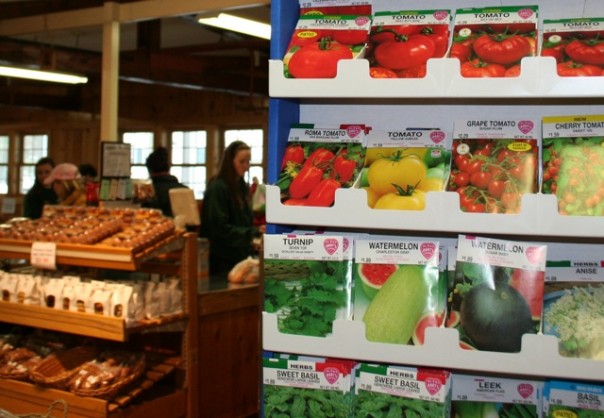 Spring seed rack inside Bishop's Orchards farm market store.