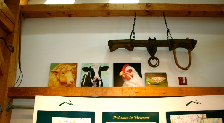 Three paintings by Caryn King of Vermont with a yoke and only one oxbow.