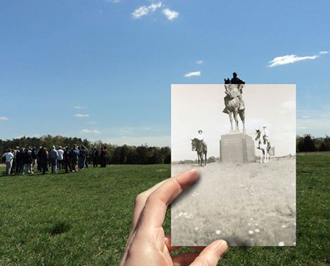 Then and now. Time overlaps at Manassas National Battlefield Park. That's the Stonewall Jackson Monument circa 1950 in the black and white image with riders flanking the monument. In 2016, riders are required to stay on designated bridle paths. Source: MNBP Facebook photo album which features other fascinating then-and-now photos, linked to this image.