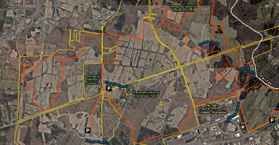 The bridle trails at Manassas National Battlefield Park are marked in red-orange. Map is linked to the fully interactive ArcGIS page.