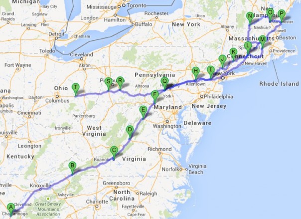 Map of the stops of a dog rescue network.